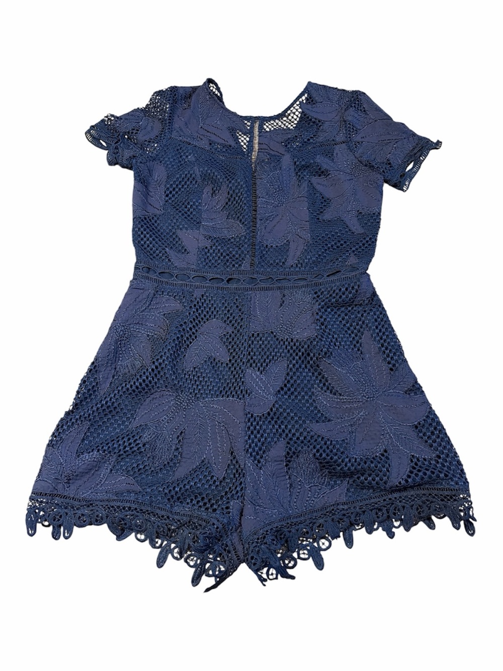 Adelyn Rae Navy Lace Romper Floral Crochet Short Sleeve Size M